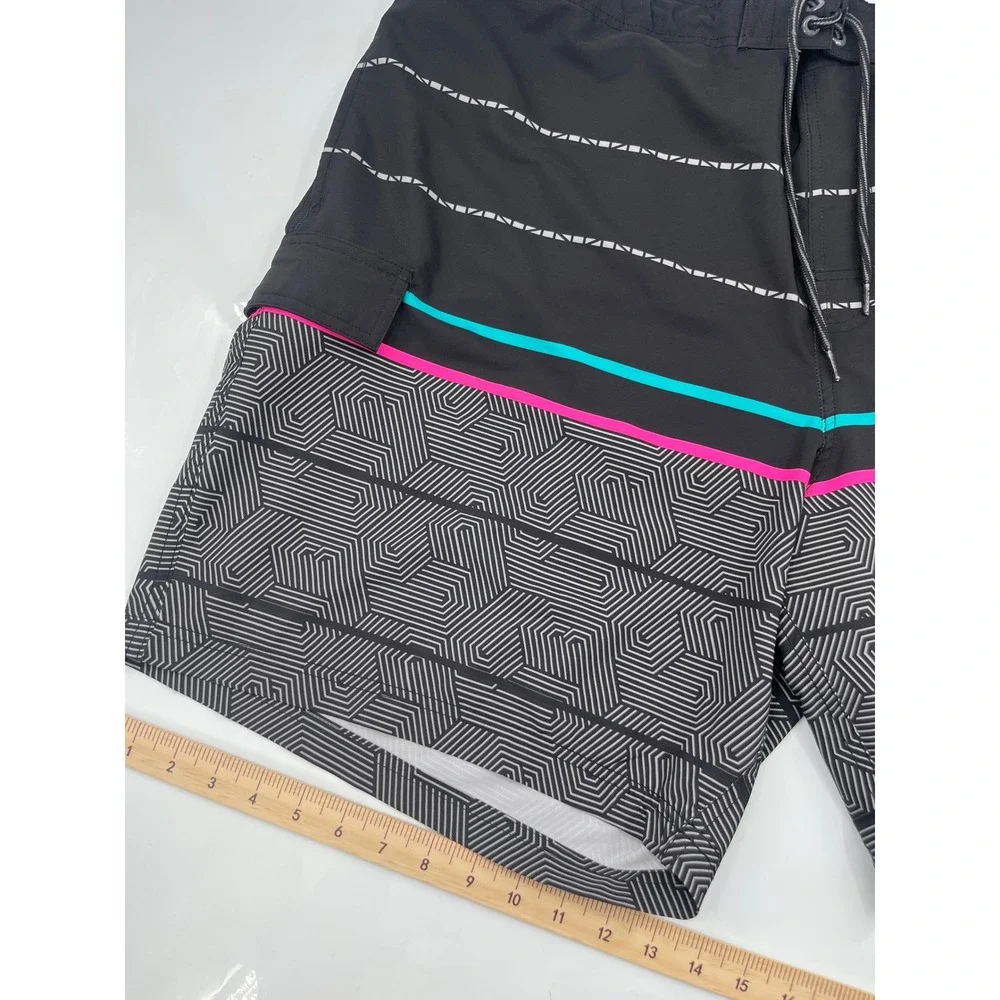 George Mens Board Shorts Black Geometric Striped Swim Trunks Size 3XL 48-50